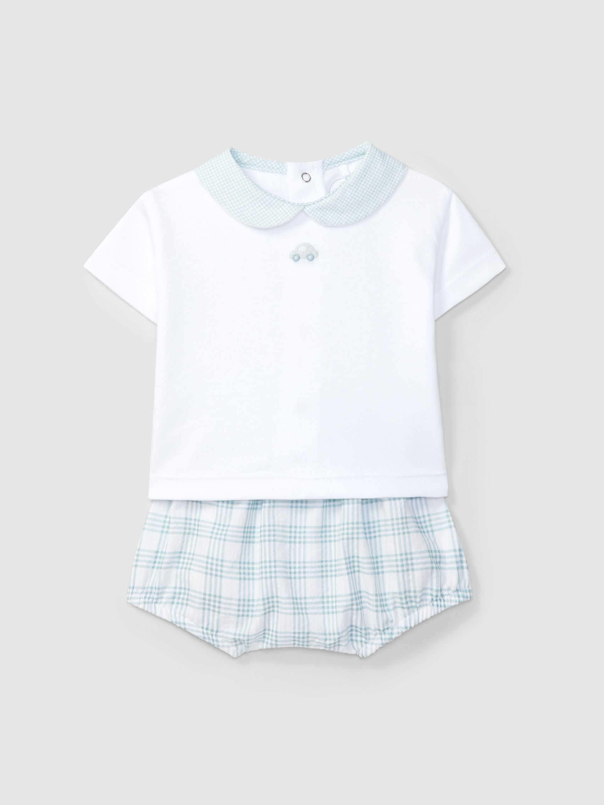 ENSEMBLE COMPOSE DE DEUX PIECES CARREAUX SEERSUCKER ET BRODERIE SUR LA POITRINE