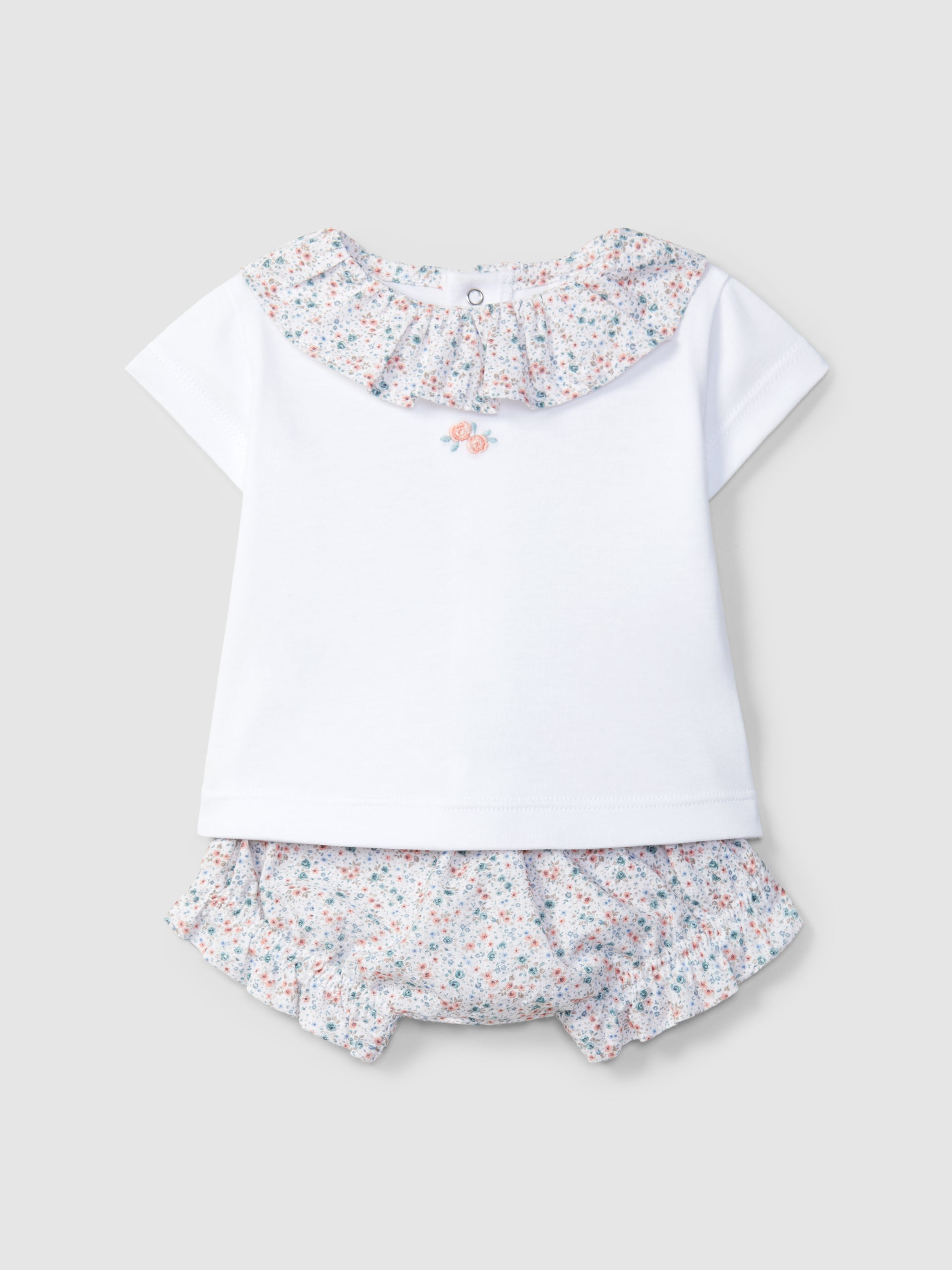 ENSEMBLE COMPOSE DE DEUX PIECES FLEURS SEERSUCKER ET BRODERIE SUR LA POITRINE