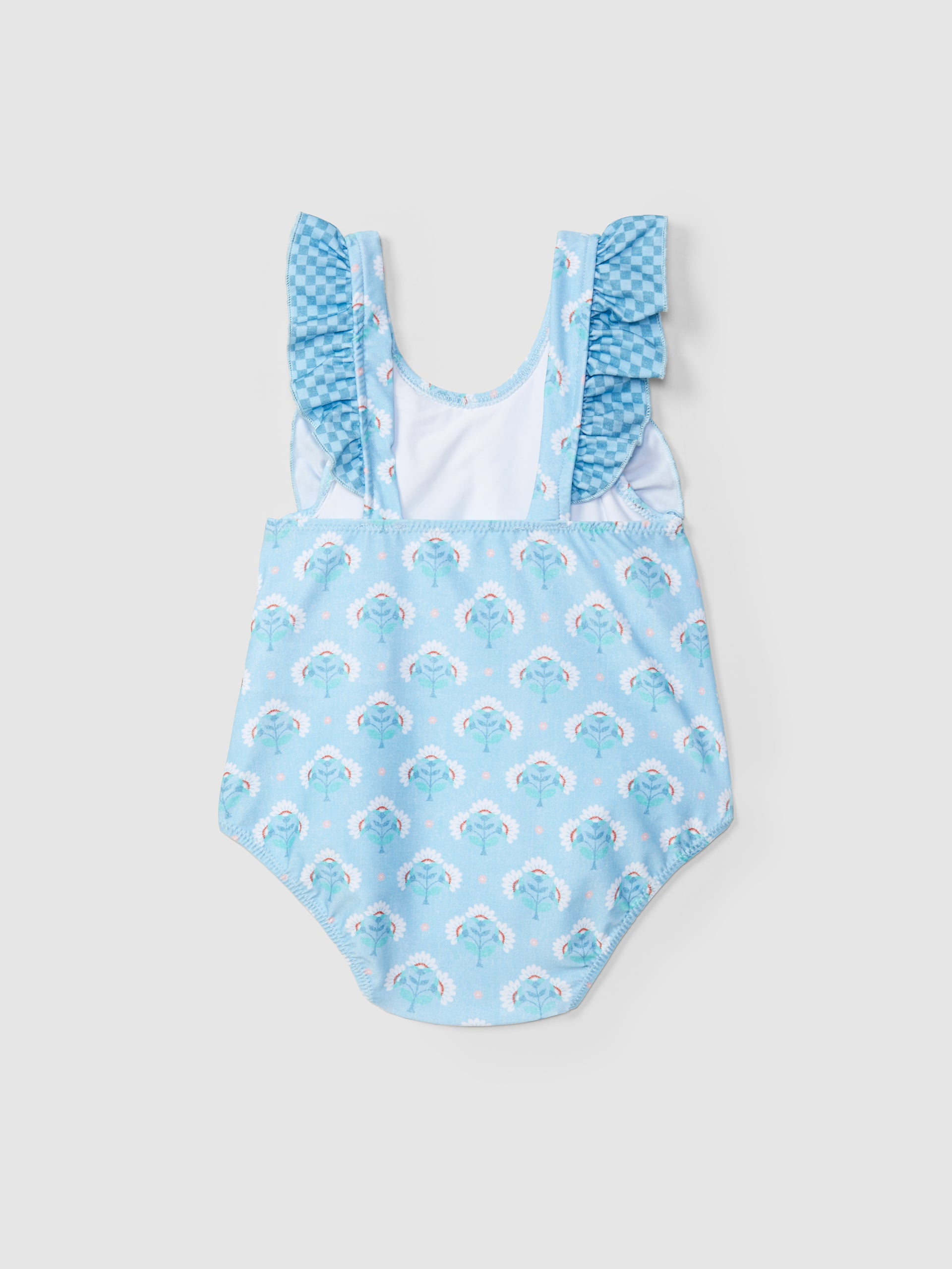 MAILLOT DE BAIN FLEURS ET VOLANT A CARREAUX VICHY