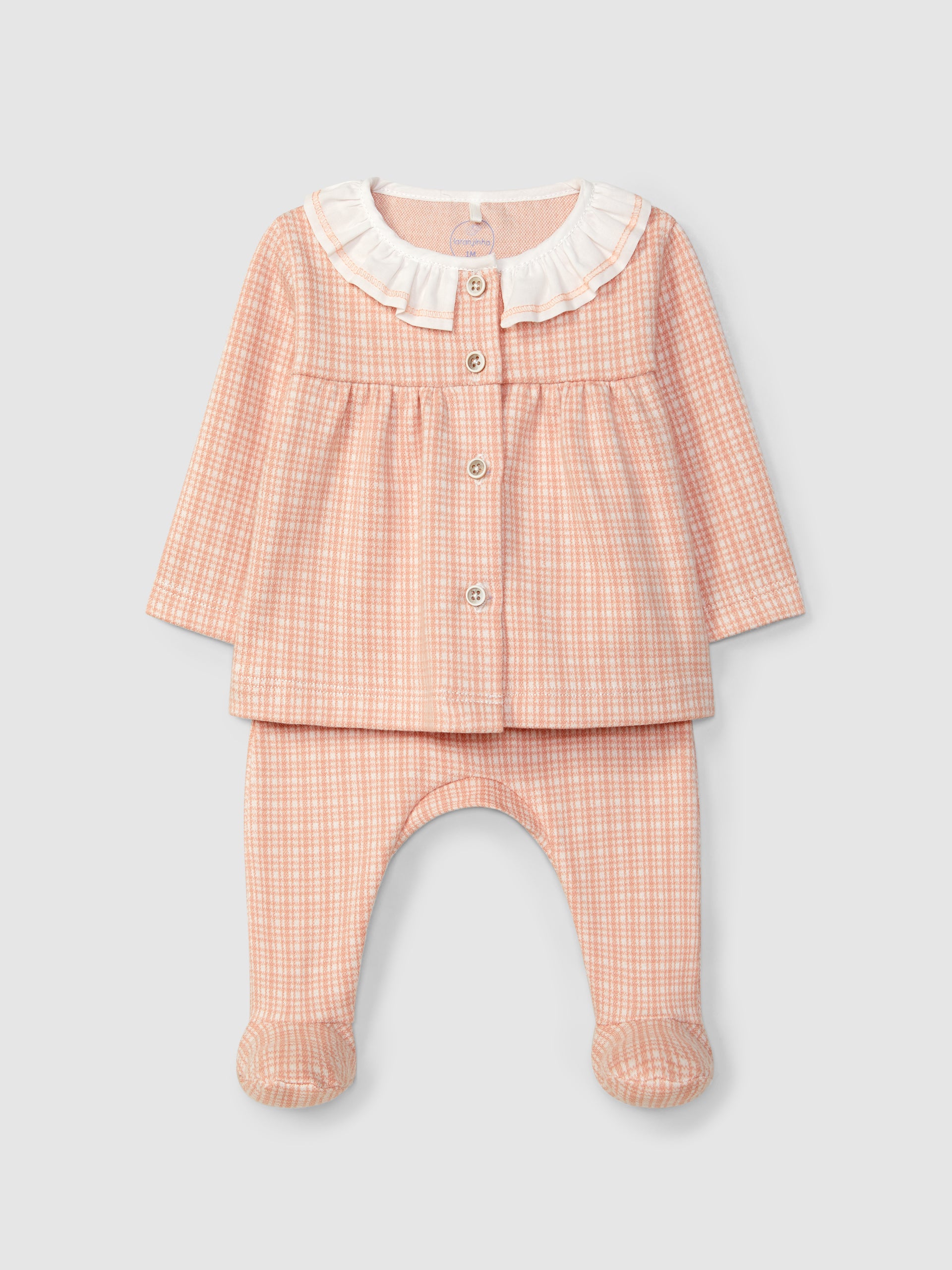 ENSEMBLE DEUX PIECES EN MAILLE JACQUARD A CARREAUX ET COL A VOLANT