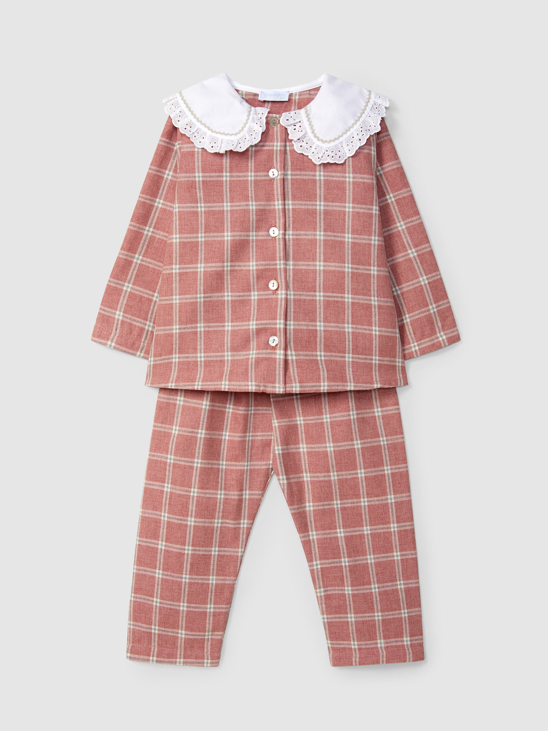 PYJAMA A CARREAUX COL EN BRODERIE ANGLAISE ET GALON