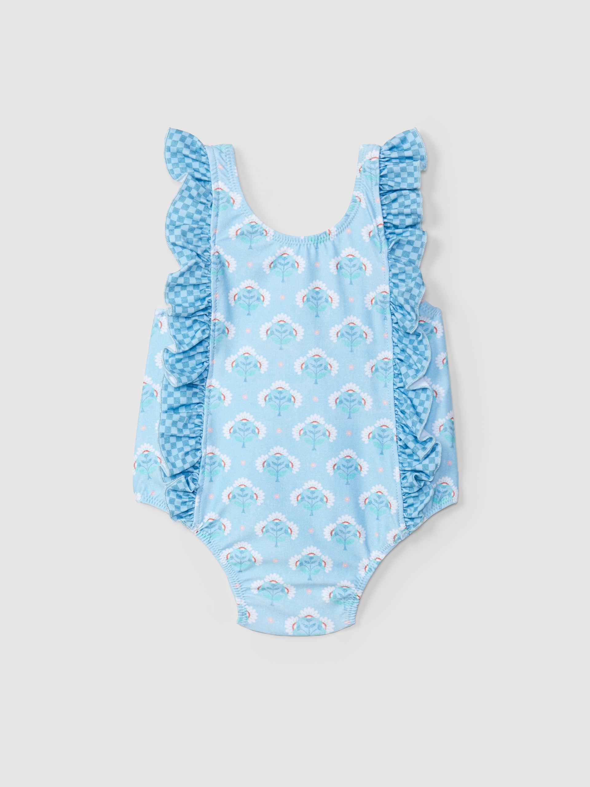 MAILLOT DE BAIN FLEURS ET VOLANT A CARREAUX VICHY