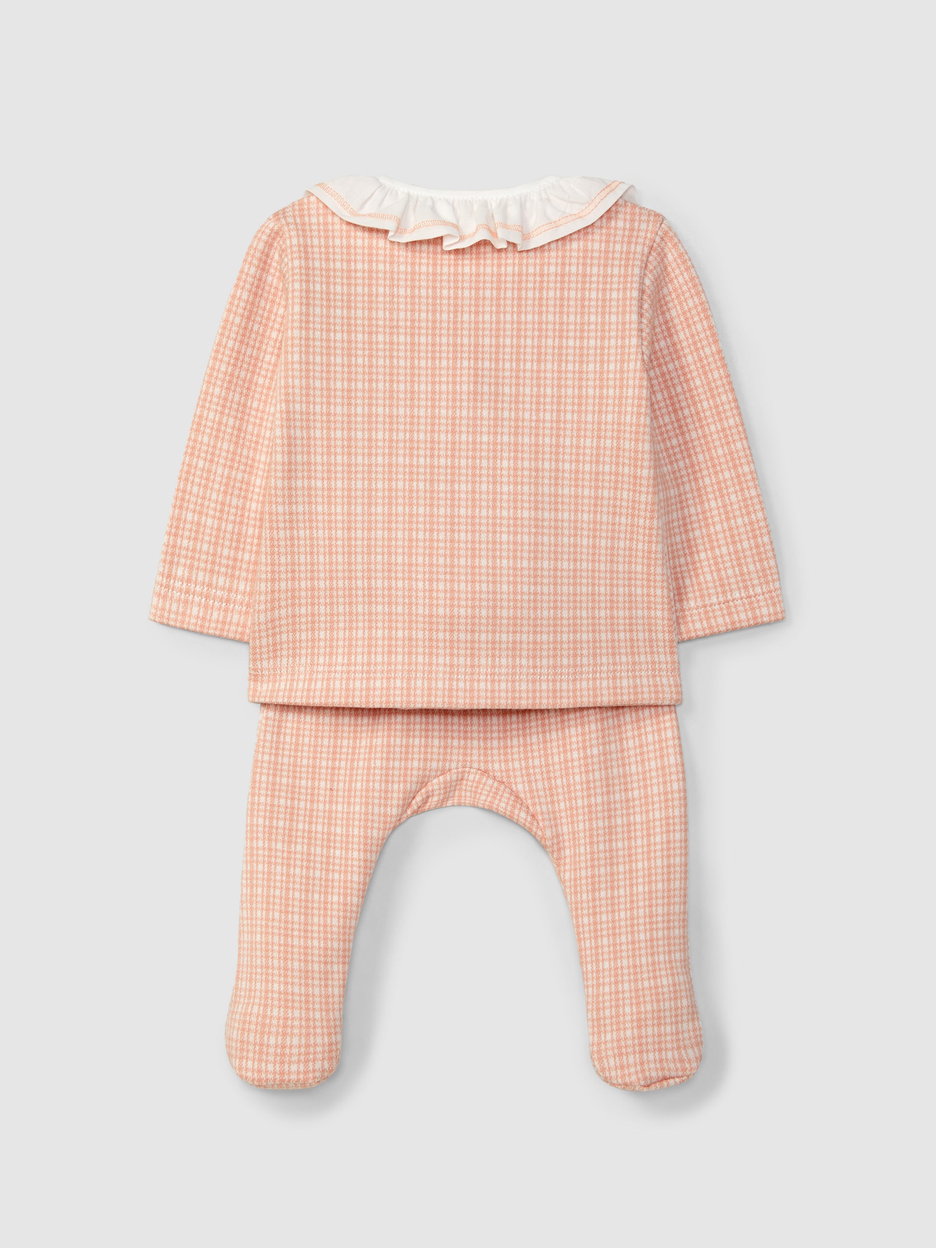 ENSEMBLE DEUX PIECES EN MAILLE JACQUARD A CARREAUX ET COL A VOLANT