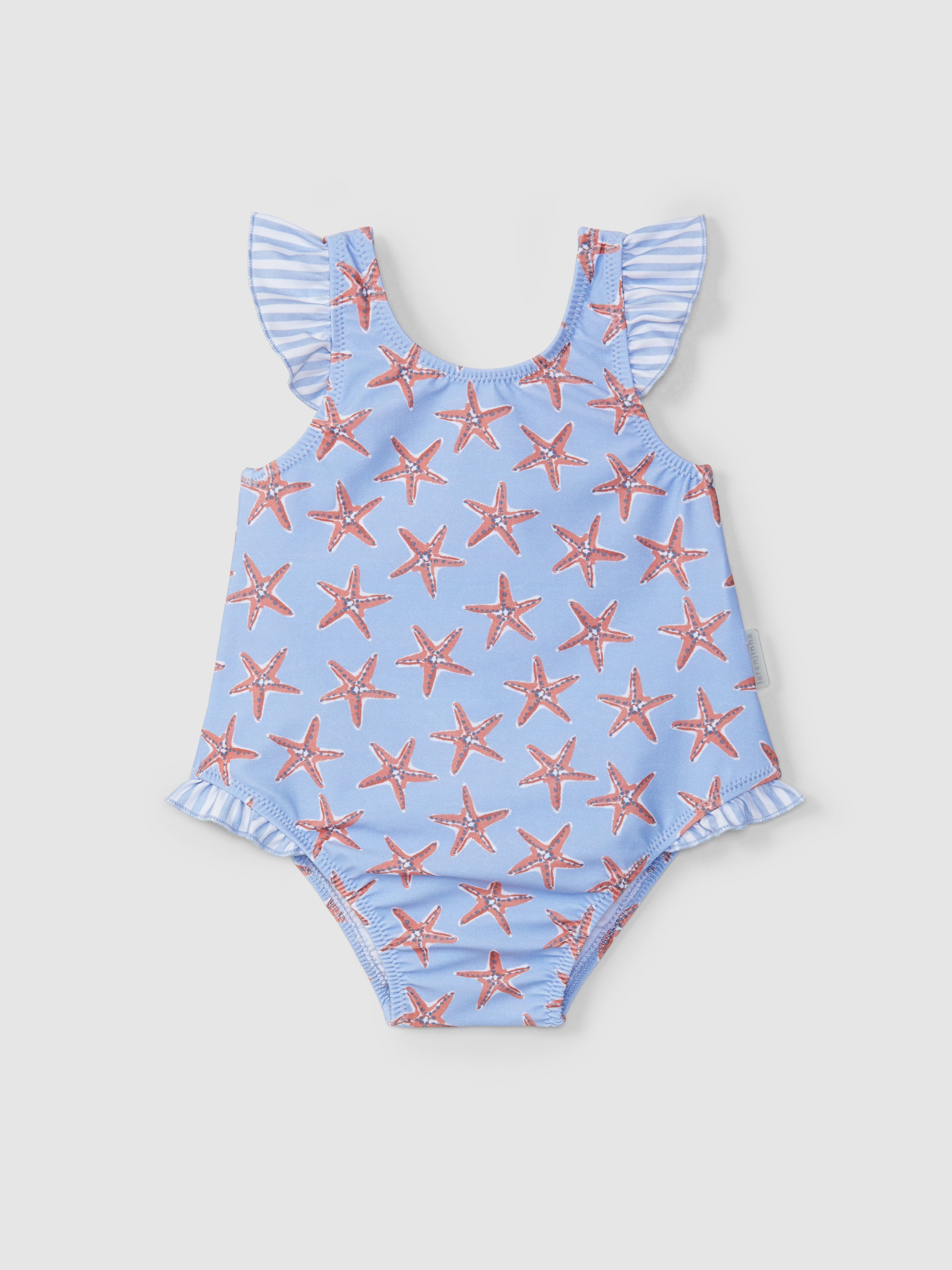 MAILLOT DE BAIN ETOILES DE MER ET DETAIL DE VOLANT A RAYURES